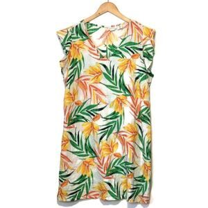 Nicole Miller Linen Floral Tropical Print Shift Dress Midi Yellow Green White XL